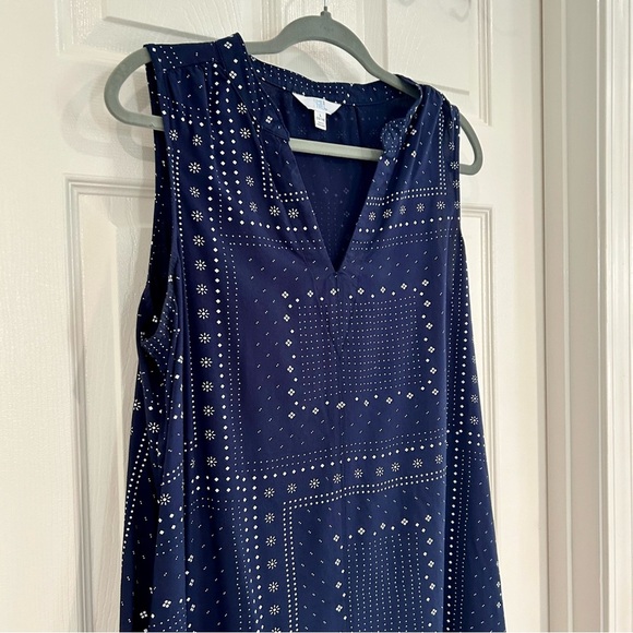 Time & Tru Women Sleeveless Tank Navy White Dress Pockets Sz L 12-14 Split Neck - Picture 6 of 9